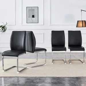 Elegante zwarte PU stoel, modern design, zilveren metalen poten (44×44,5×99 cm) Elegante zwarte PU stoel, modern design, zilveren metalen poten (44×44,5×99 cm)