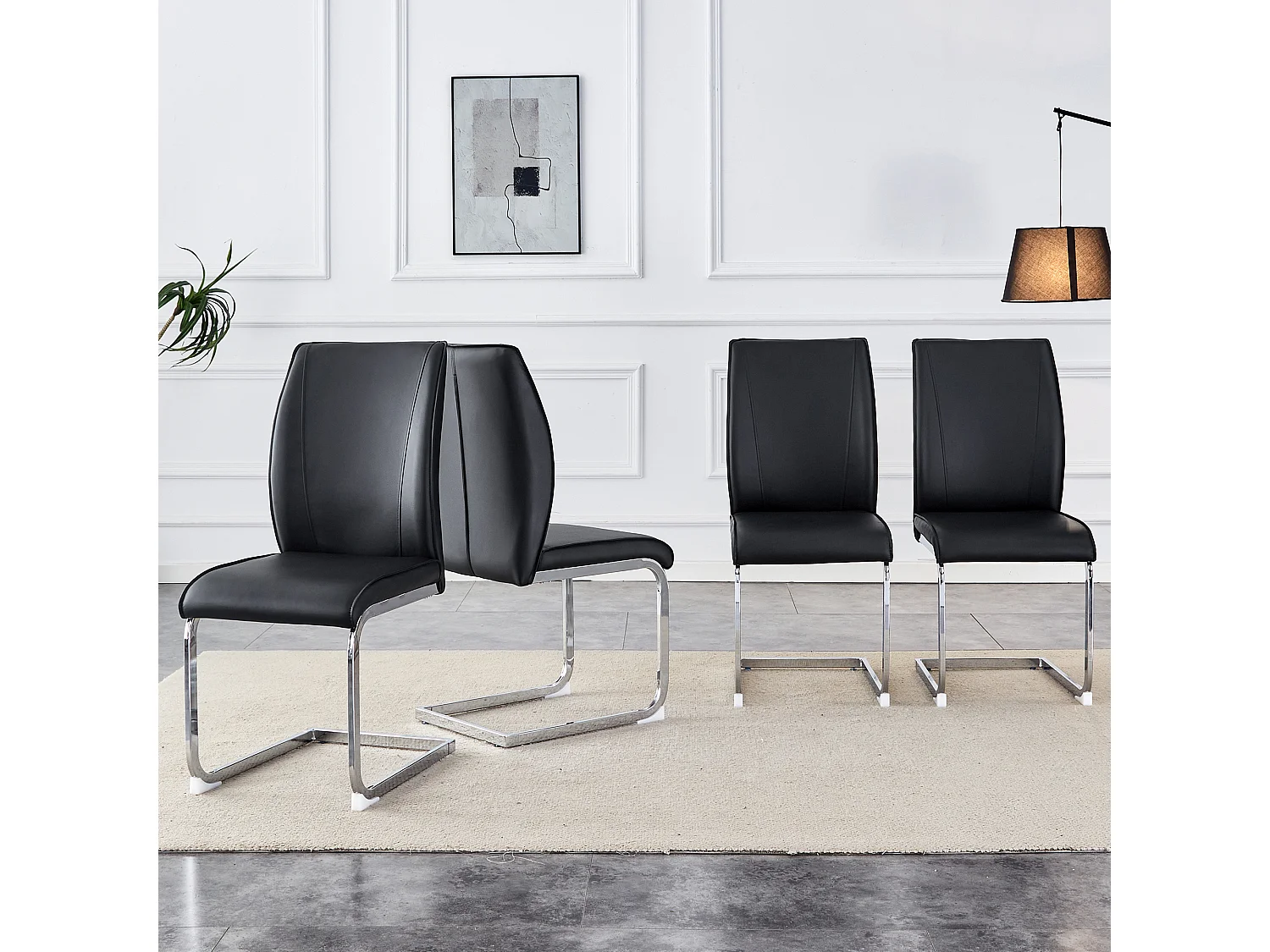 Elegante zwarte PU stoel, modern design, zilveren metalen poten (44x44,5x99 cm)