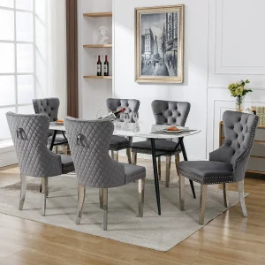 Eetkamerstoel met decoratieve studs en klokvormige rugleuning, metalen frame, fluwelen bekleding, grijs (53×62,5×94,5 cm) Eetkamerstoel met decoratieve studs en klokvormige rugleuning, metalen frame, fluwelen bekleding, grijs (53×62,5×94,5 cm)