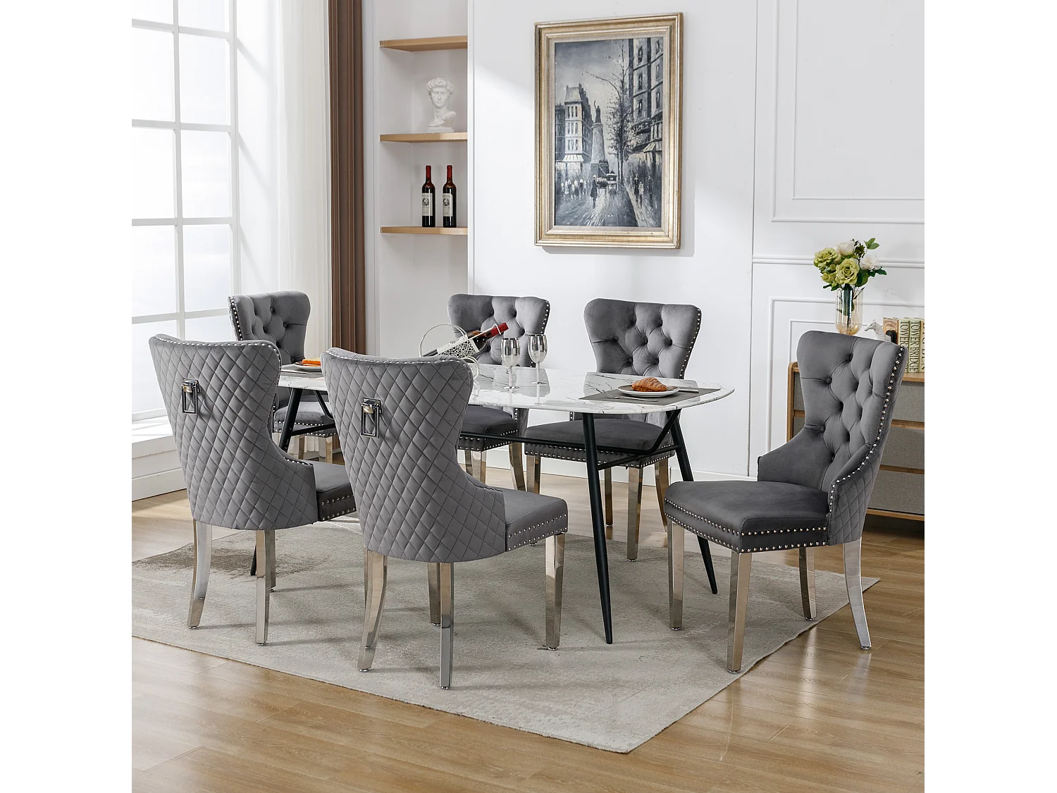 Eetkamerstoel met decoratieve studs en klokvormige rugleuning, metalen frame, fluwelen bekleding, grijs (53x62,5x94,5 cm)
