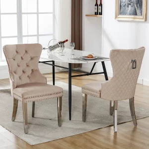 Eetkamerstoel (6 stuks), loungestoel met armleuningen, fluweel, decoratieve studs, metalen poten, beige (53×62,5×94,5 cm)