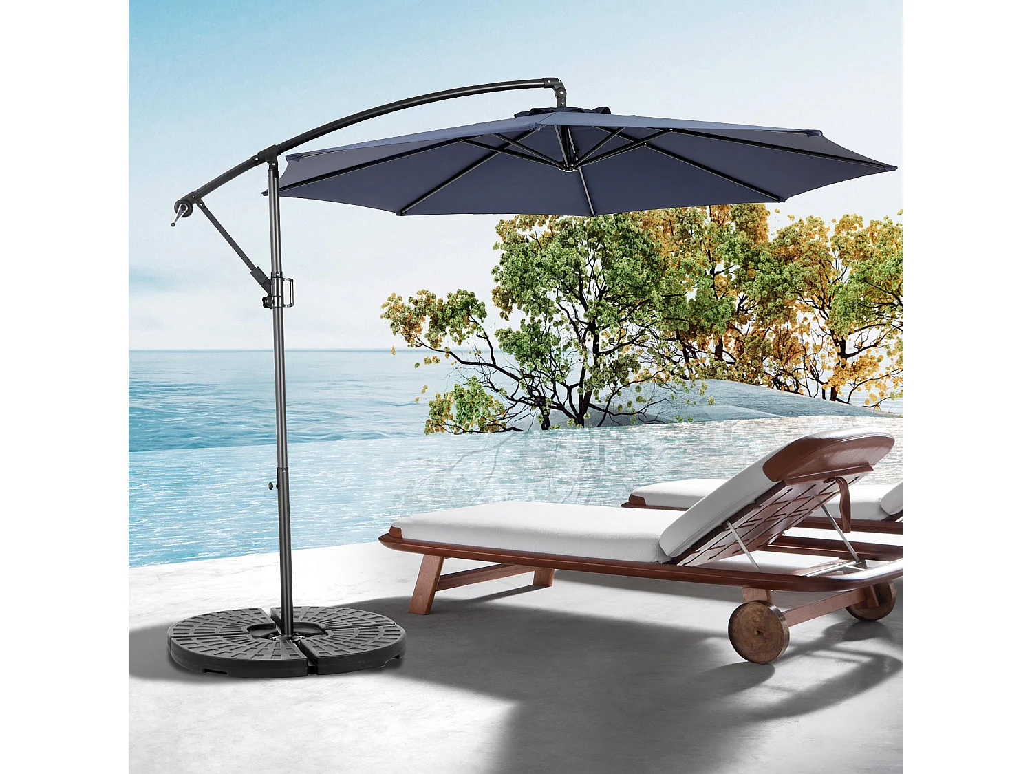 Dubbelzijdige rechthoekige buitenparasol met slinger, stalen frame, marineblauw (4,5x4,5x3m)