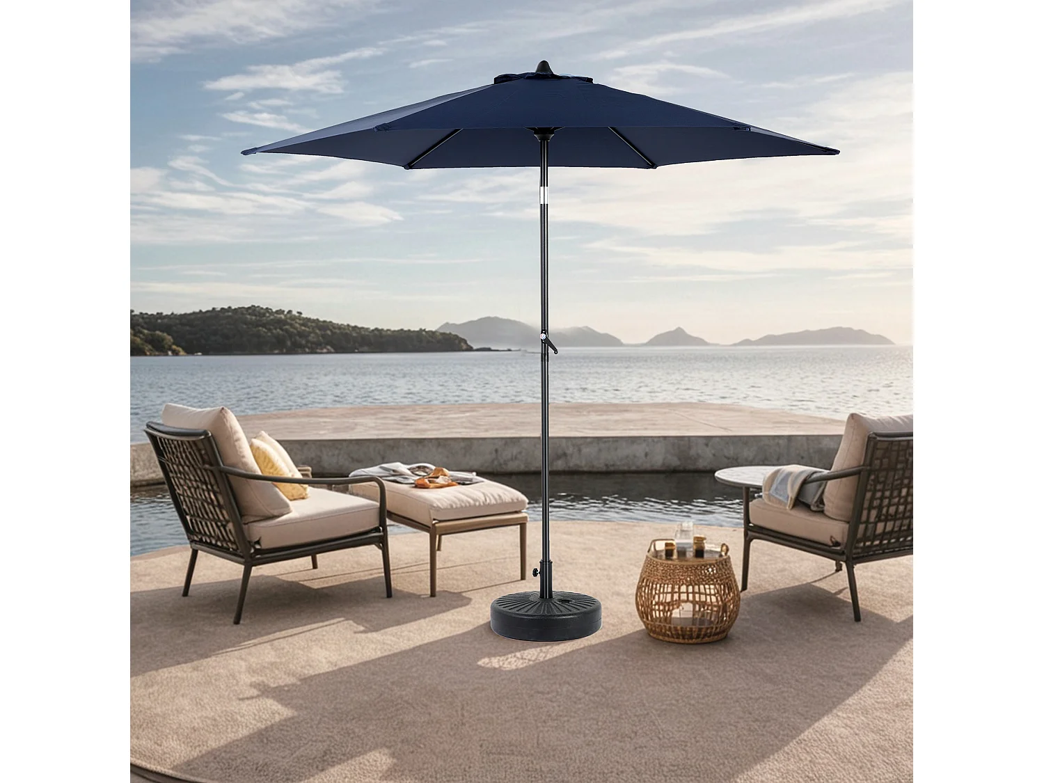Dubbelzijdige rechthoekige buitenparasol met slinger, staal, marineblauw (274x213x200 cm)