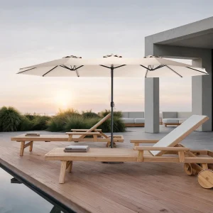 Dubbelzijdige rechthoekige buitenparasol met slinger, stalen frame, kaki (4,5×4,5x3m)