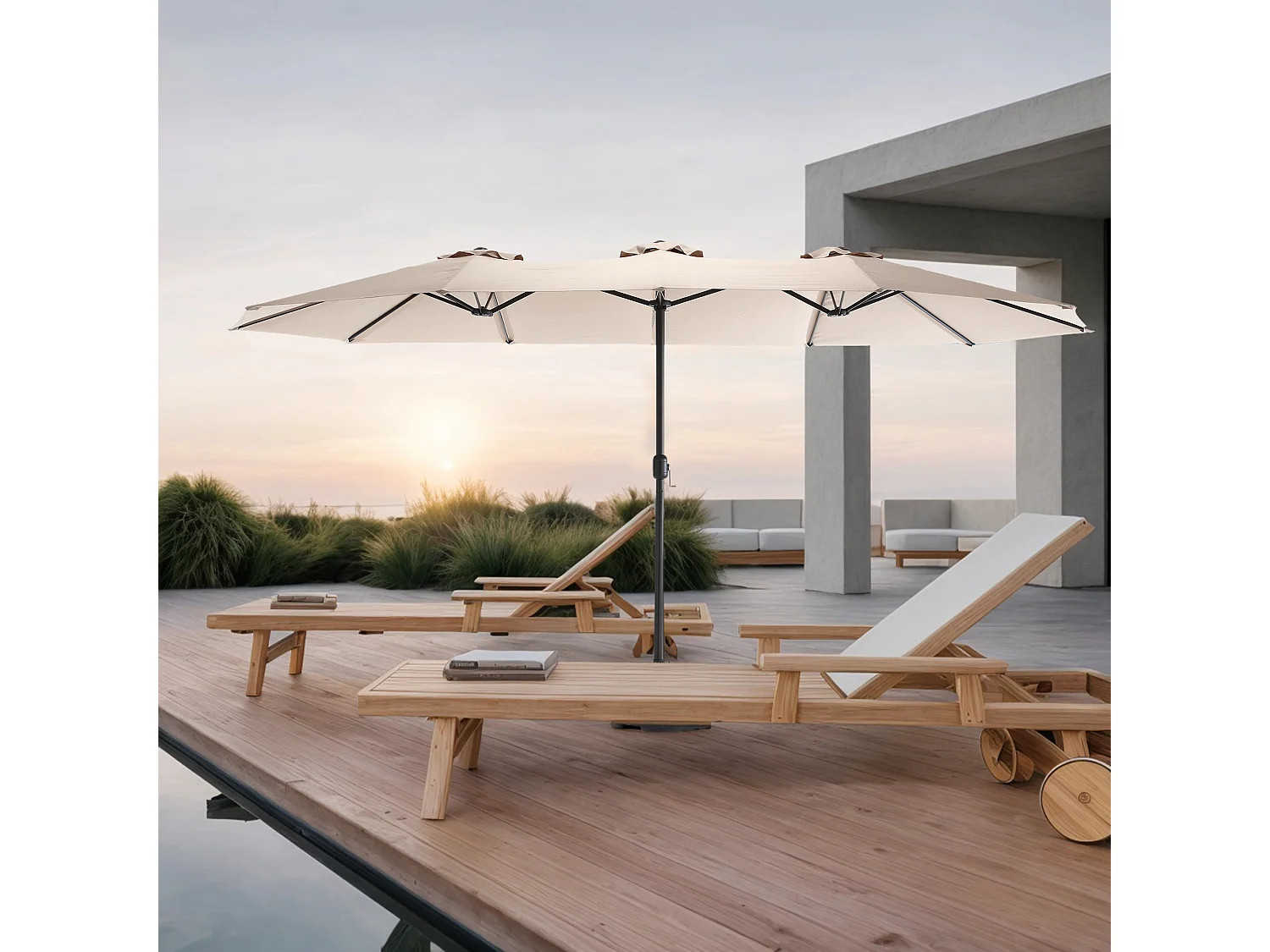 Dubbelzijdige rechthoekige buitenparasol met slinger, stalen frame, kaki (4,5x4,5x3m)
