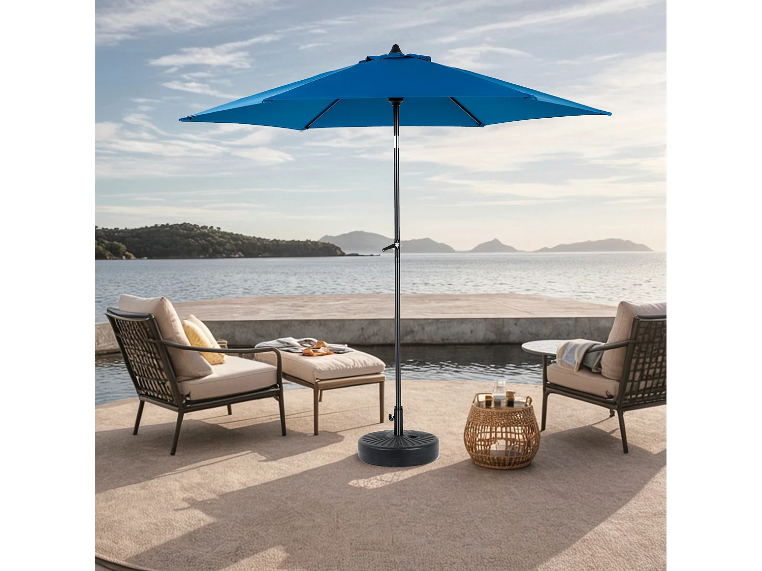 Dubbelzijdige rechthoekige buitenparasol, met slinger, staal, blauw (274x213x200 cm)
