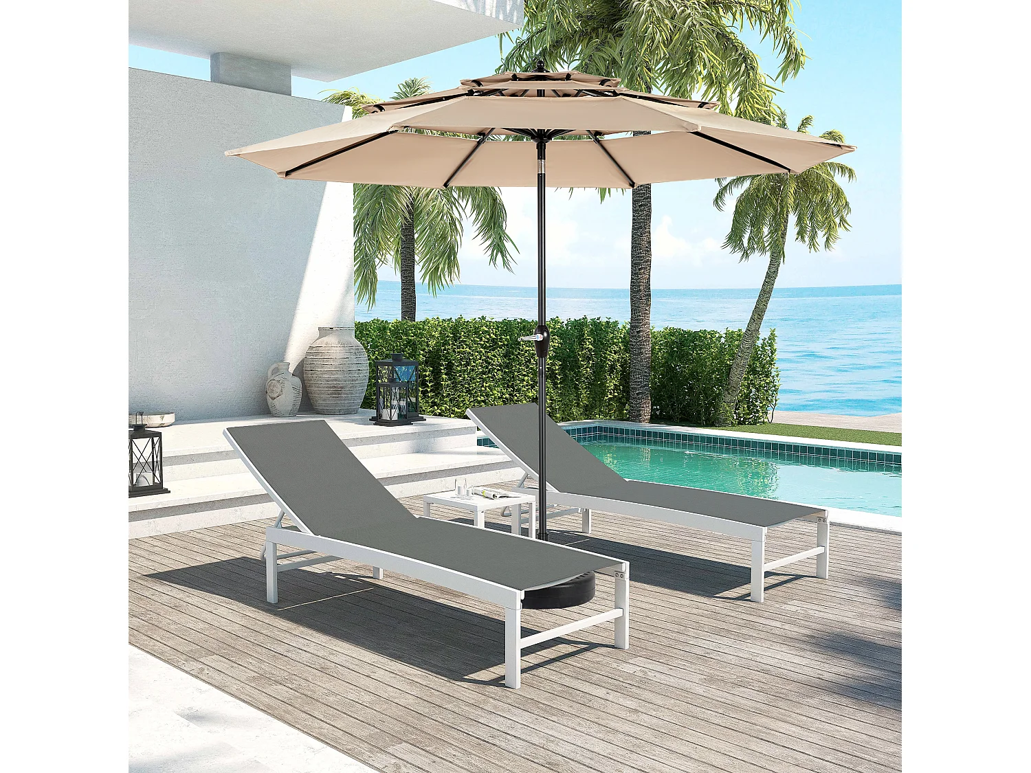 Dubbelzijdige rechthoekige buitenparasol met slinger, stalen frame, kaki (4,5x4,5x3m)