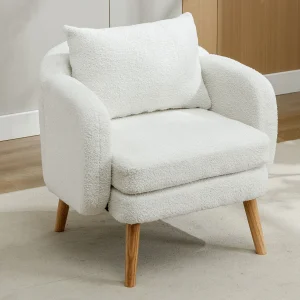 Fluwelen teddy fauteuil – individuele stoel met houten poten – dik kussen – wit Fluwelen teddy fauteuil – individuele stoel met houten poten – dik kussen – wit