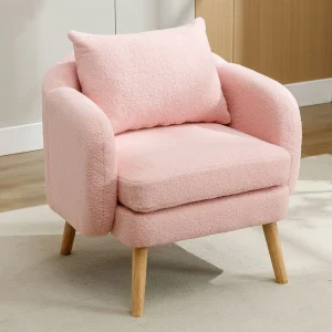 Fluwelen teddy fauteuil – enkele stoel met houten poten – dik kussen – roze Fluwelen teddy fauteuil – enkele stoel met houten poten – dik kussen – roze