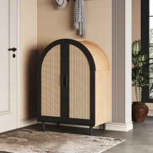 Dressoir/schoenenkast – 70 x 40 x 100 cm – met 2 opengewerkte rotandeuren + 3 legplanken – MDF – naturel