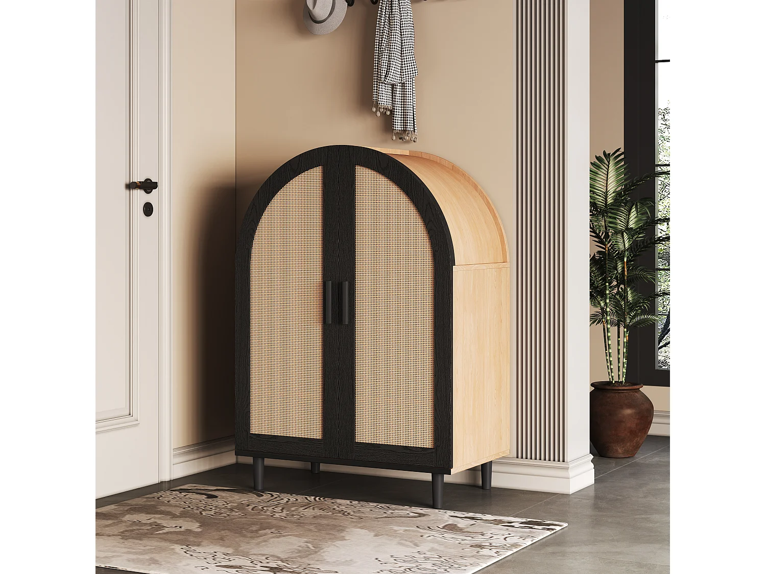 Dressoir/schoenenkast - 70 x 40 x 100 cm - met 2 opengewerkte rotandeuren + 3 legplanken - MDF - naturel