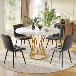 Eettafelset (5 stuks), ronde tafel met 4 stoelen, MDF, metaal, fluweel, gemarmerd wit (80x80x76 cm) Eettafelset (5 stuks), ronde tafel met 4 stoelen, MDF, metaal, fluweel, gemarmerd wit (80x80x76 cm)