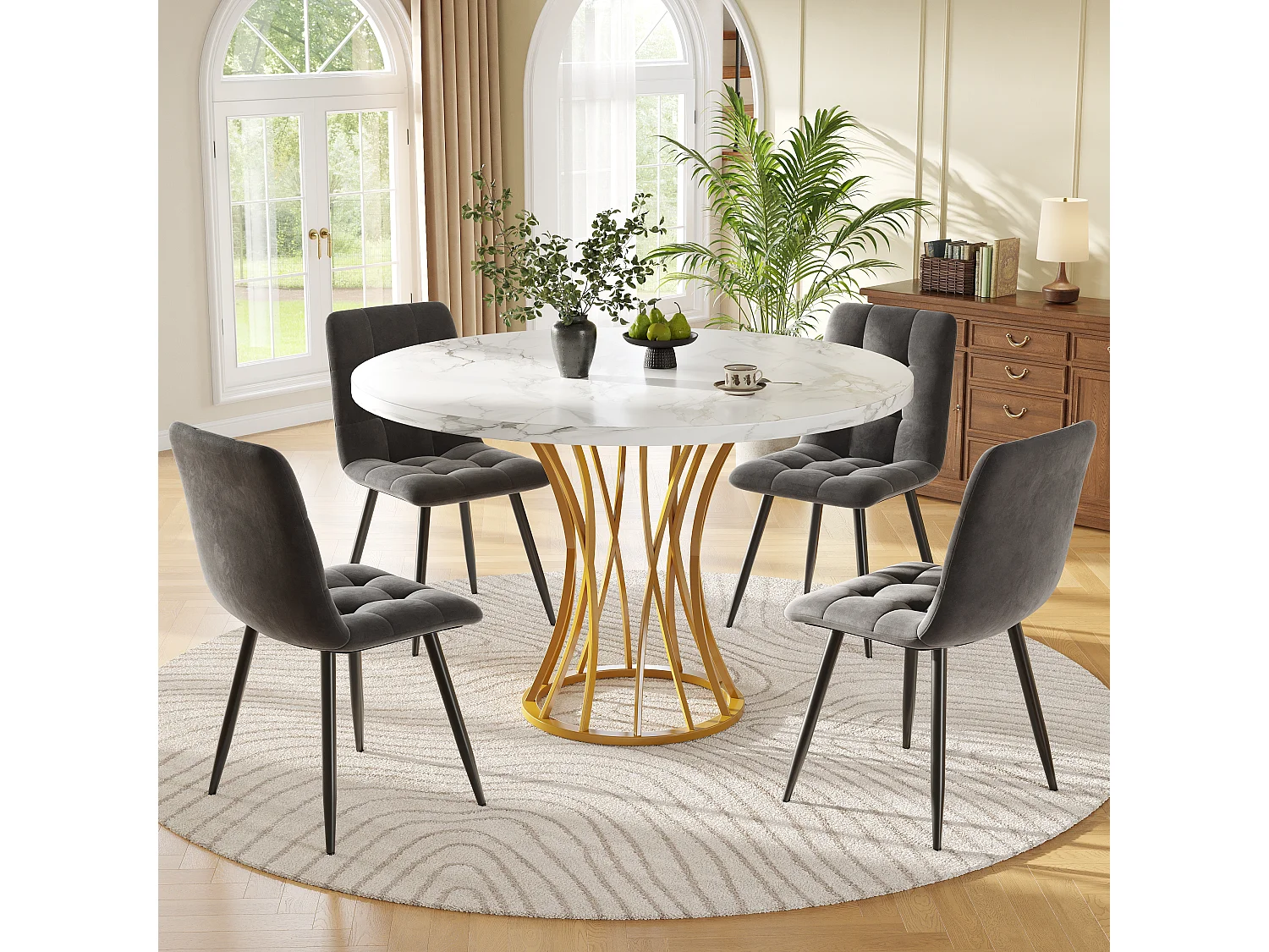 Eettafelset (5 stuks), ronde tafel met 4 stoelen, MDF, metaal, fluweel, gemarmerd wit (80x80x76 cm)