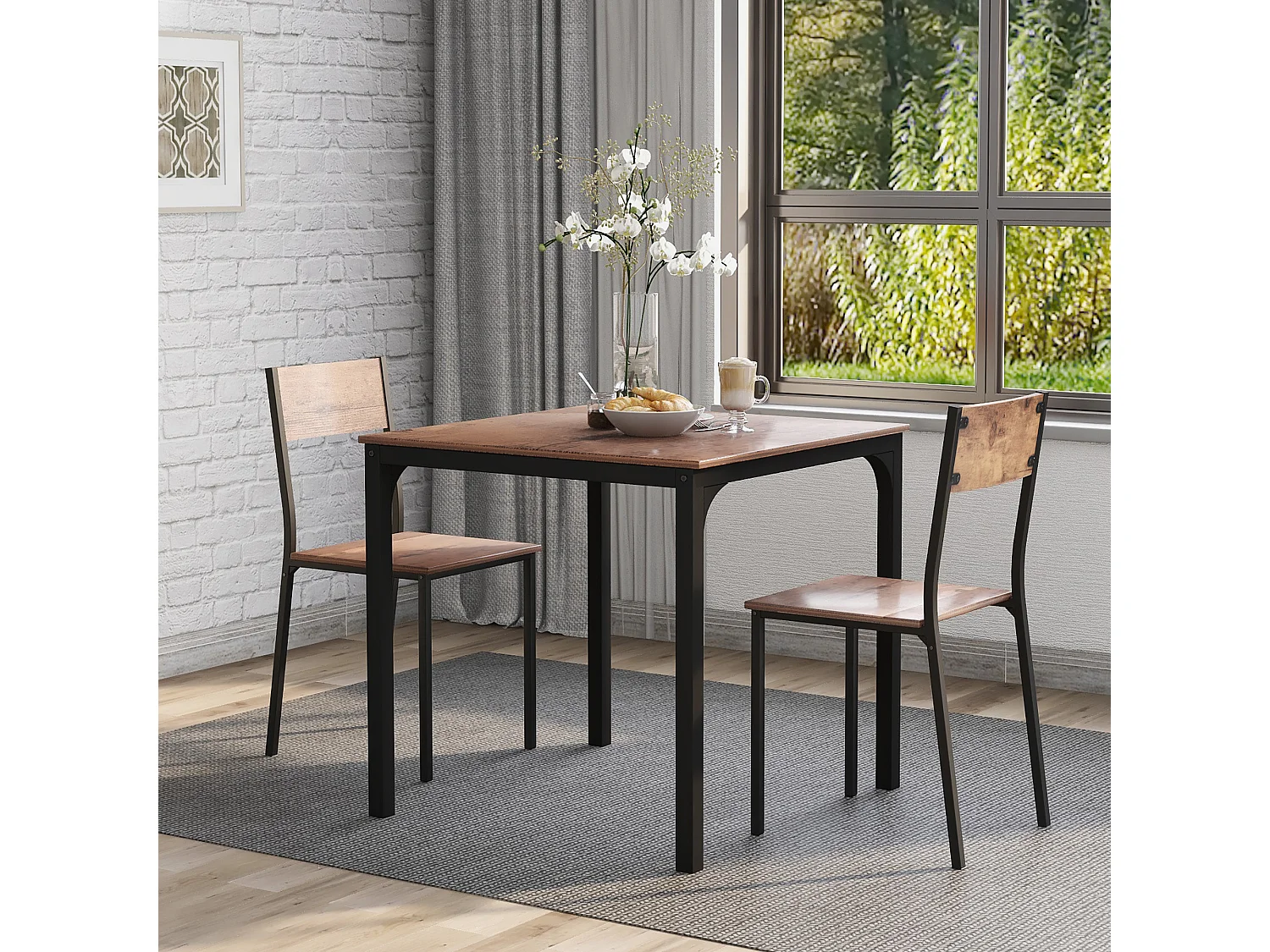 Eetkamerset met tafel en 2 stoelen, vintage design, metaal, bruine kleur (70x70x75 cm)