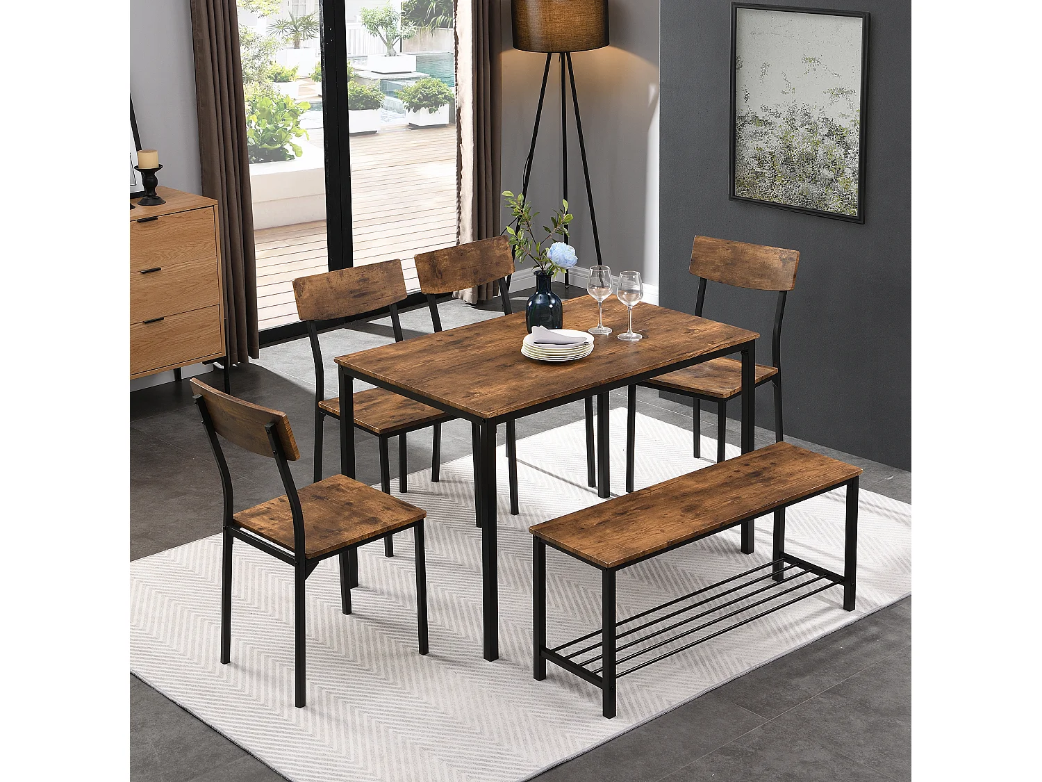 Eetkamertafel en stoelenset, industriële stijl, frame van hout en metaal, bruine kleur (122x77x10,5 cm)