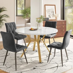 Eettafel en stoelenset (5 stuks), moderne ronde marmeren tafel + 4 grijze fluwelen stoelen met gouden poten (diameter 50×75 cm)