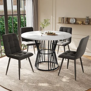 Eetkamerset (5-delig), uitschuifbare ronde tafel (100 cm), zwarte metalen poten, wit gemarmerd MDF-blad (100x100x75 cm) Eetkamerset (5-delig), uitschuifbare ronde tafel (100 cm), zwarte metalen poten, wit gemarmerd MDF-blad (100x100x75 cm)