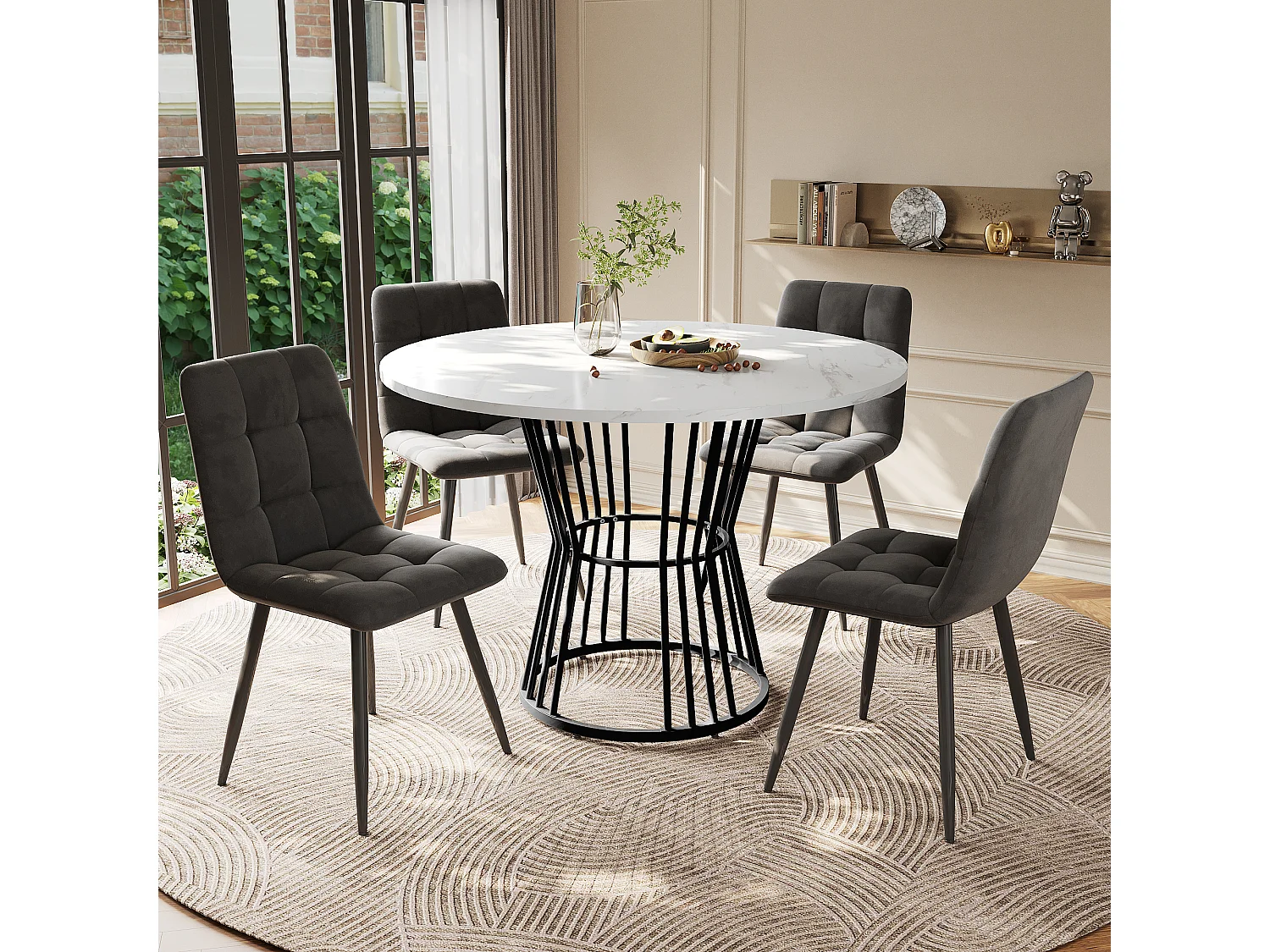 Eetkamerset (5-delig), uitschuifbare ronde tafel (100 cm), zwarte metalen poten, wit gemarmerd MDF-blad (100x100x75 cm)