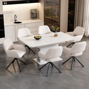 Eetkamerset met uitschuifbare tafel en 6 stoelen, Sherpa stof, metalen poten, wit (110x40x72 cm) Eetkamerset met uitschuifbare tafel en 6 stoelen, Sherpa stof, metalen poten, wit (110x40x72 cm)