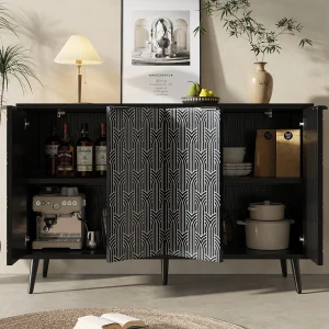 Eetkamerkast, opbergruimte met gesneden houten deur, MDF, zwart (120x35x78 cm)