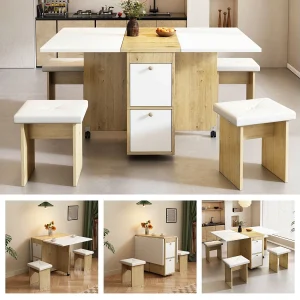 Eettafelset met 4 stoelen, opklapbare en uitschuifbare tafel, spaanplaat, wit + eiken, (120x80x75 cm) Eettafelset met 4 stoelen, opklapbare en uitschuifbare tafel, spaanplaat, wit + eiken, (120x80x75 cm)