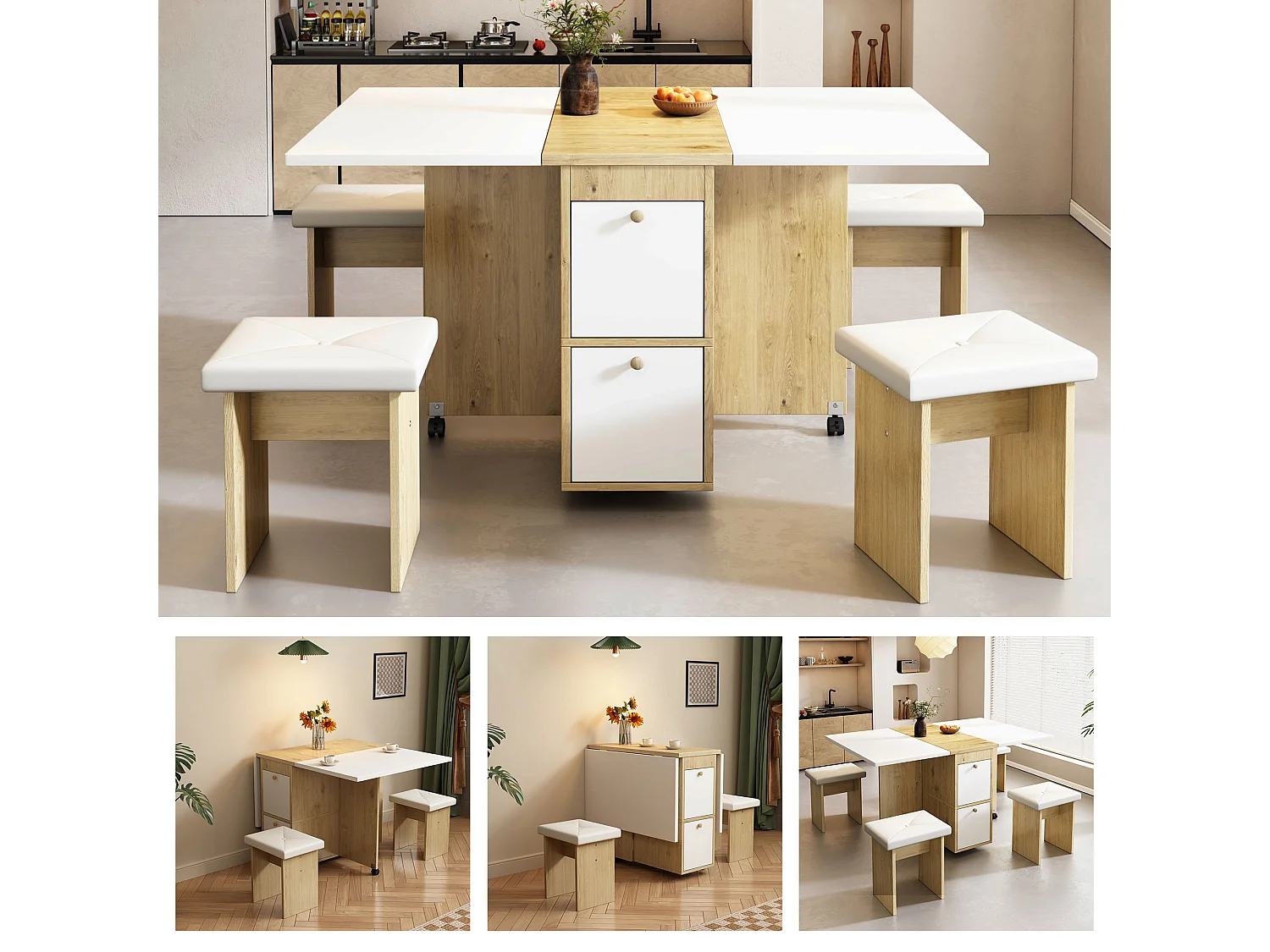 Eettafelset met 4 stoelen, opklapbare en uitschuifbare tafel, spaanplaat, wit + eiken, (120x80x75 cm)