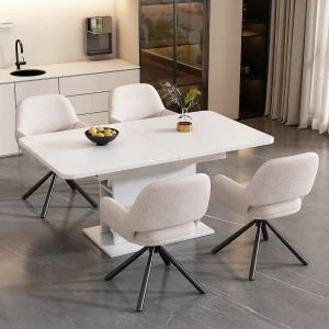 Eetkamerset met uitschuifbare tafel en 4 stoelen, Sherpa stof, metalen poten, wit (110x40x72 cm) Eetkamerset met uitschuifbare tafel en 4 stoelen, Sherpa stof, metalen poten, wit (110x40x72 cm)