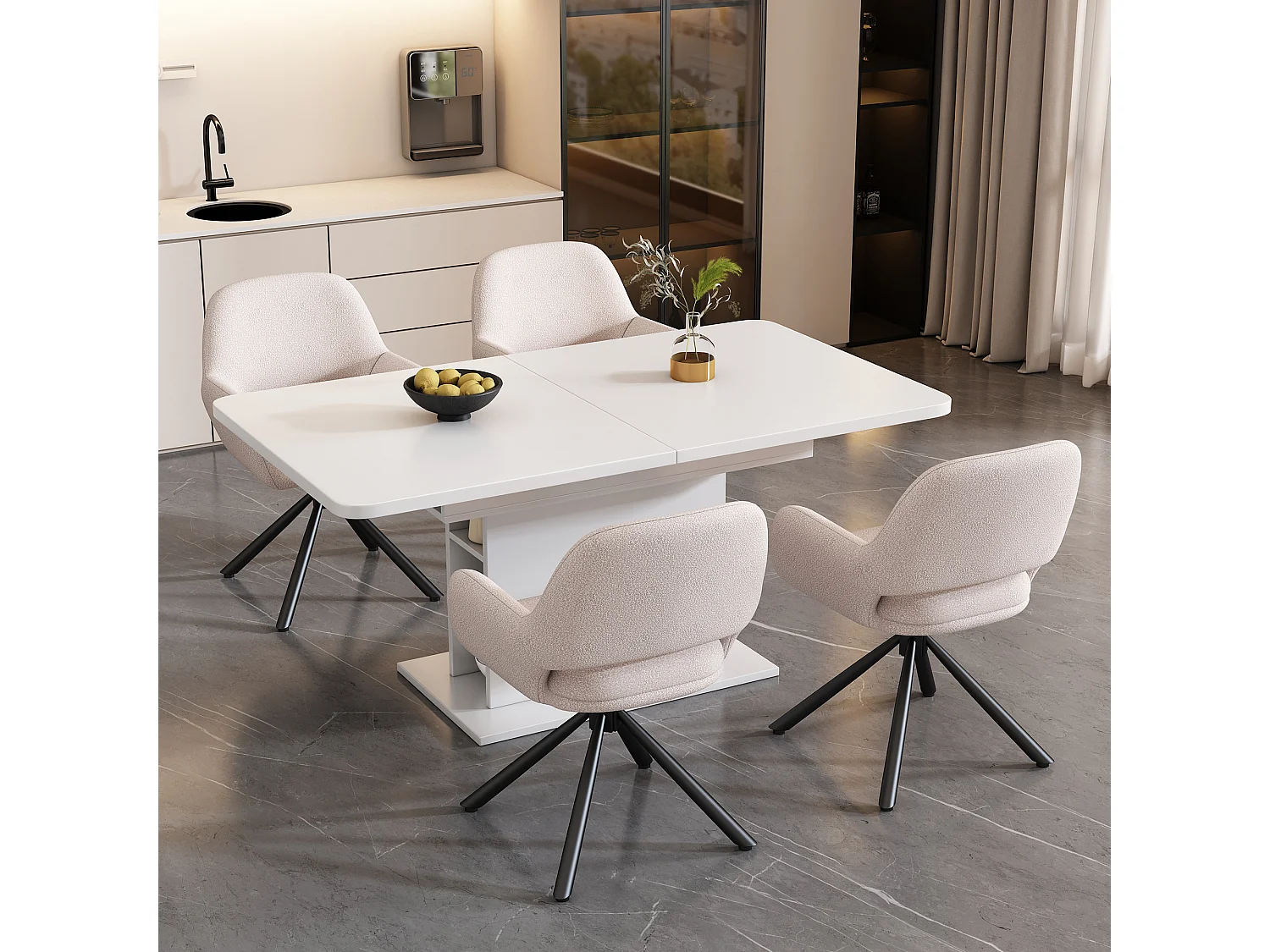 Eetkamerset met uitschuifbare tafel en 4 stoelen, Sherpa stof, metalen poten, wit (110x40x72 cm)