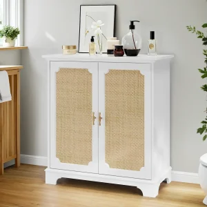 Dressoir met rotandeuren, opbergmeubel, MDF, wit (80x38x86 cm)