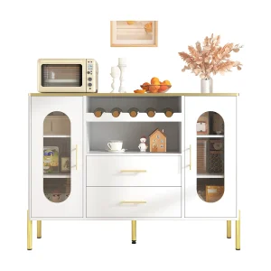 Elegant dressoir met 2 lades en 2 glazen deuren, modern design, MDF, wit met gouden accenten (120x38x90 cm) Elegant dressoir met 2 lades en 2 glazen deuren, modern design, MDF, wit met gouden accenten (120x38x90 cm)