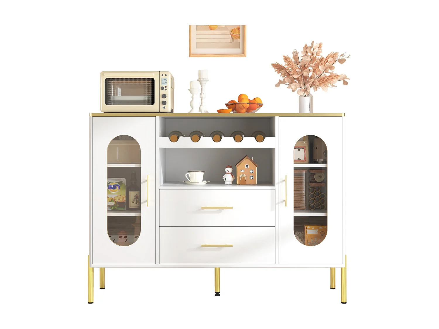 Elegant dressoir met 2 lades en 2 glazen deuren, modern design, MDF, wit met gouden accenten (120x38x90 cm)