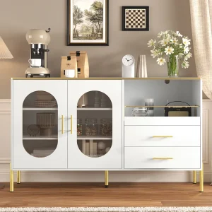 Elegant wit dressoir met 2 lades en 2 glazen deuren, modern design, MDF, (140x38x90 cm) Elegant wit dressoir met 2 lades en 2 glazen deuren, modern design, MDF, (140x38x90 cm)