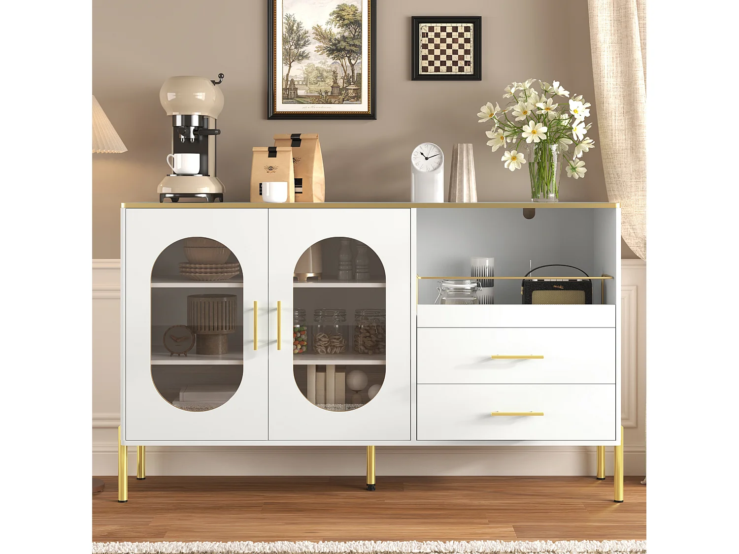 Elegant wit dressoir met 2 lades en 2 glazen deuren, modern design, MDF, (140x38x90 cm)