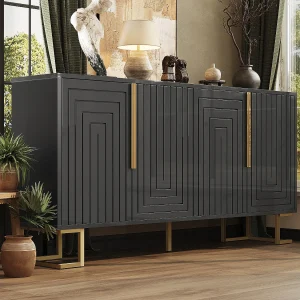 Geometrische tv-kast, modern design, MDF, zwart en goud, met 2 deuren en 4 vakken (152x40x75 cm) Geometrische tv-kast, modern design, MDF, zwart en goud, met 2 deuren en 4 vakken (152x40x75 cm)