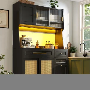 Dressoir met LED, 3 lades, verstelbare planken, PE-rotan, MDF, zwart (120x45x195,5 cm)