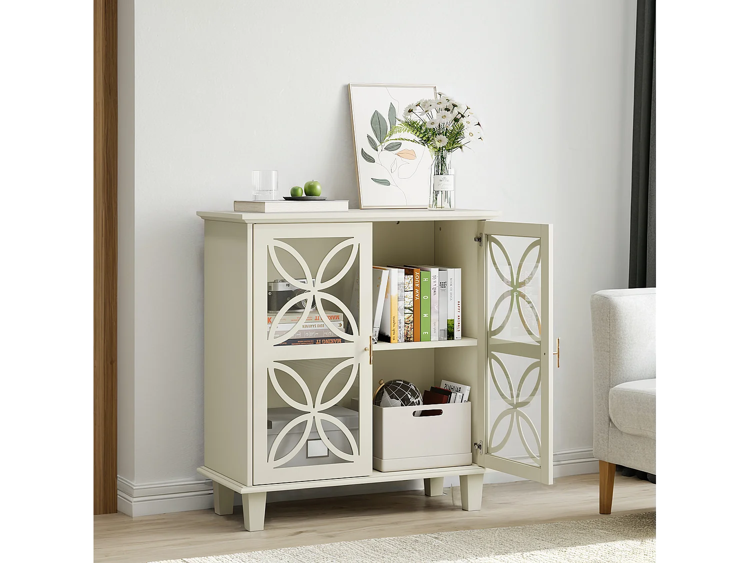 Dressoir met gehard glazen deuren, MDF, crème (80x38x87 cm)