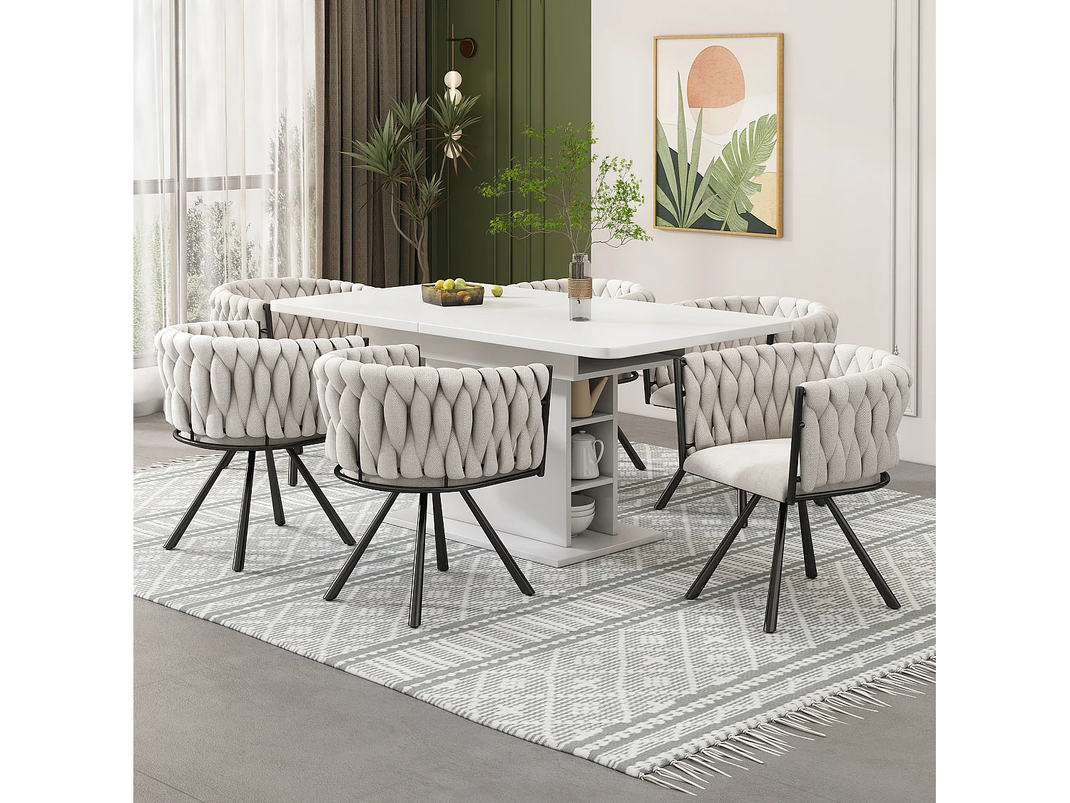 Eetkamerstoel van linnen, slaapkamerstoel met eikenhouten poten, knoop, chromen studs en afwerking, keukenstoel (beige, set van 4)