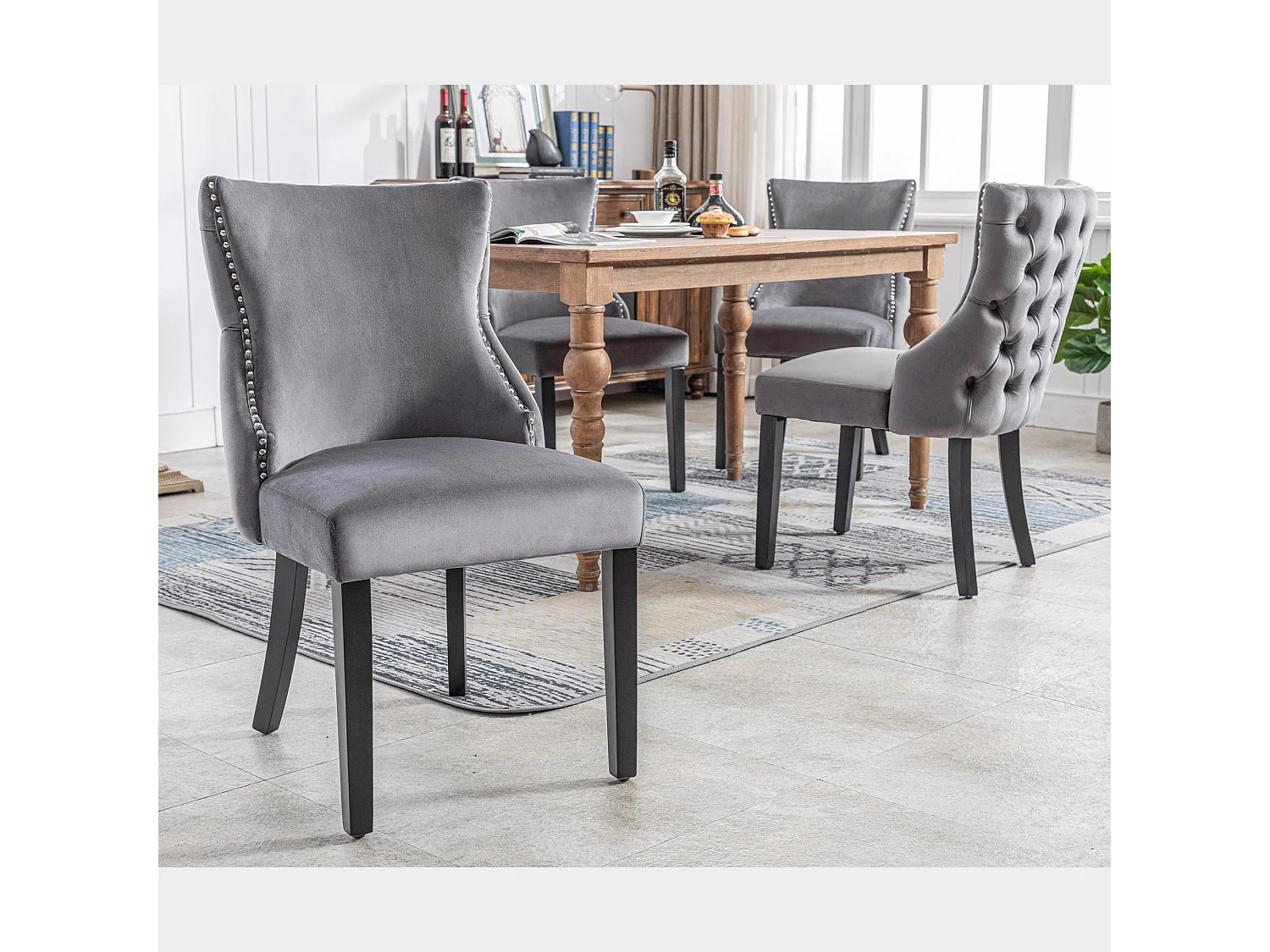 Eetkamerstoel fluweel, modern design, massief houten frame, grijs (44x41x86 cm)