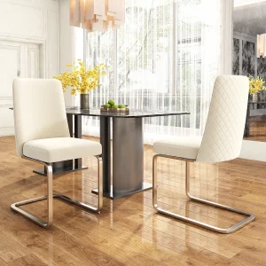 Eetkamerstoel van fluweel, 2-delig, luxe design, diamantvormige rugleuning, zilveren metalen poten, beige (47x47x90 cm)