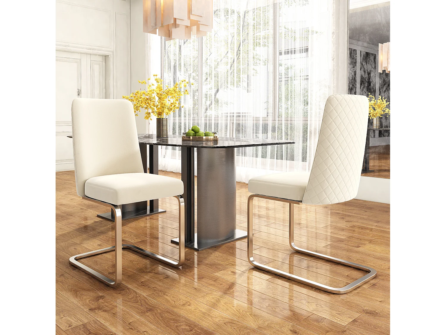 Eetkamerstoel van fluweel, 2-delig, luxe design, diamantvormige rugleuning, zilveren metalen poten, beige (47x47x90 cm)