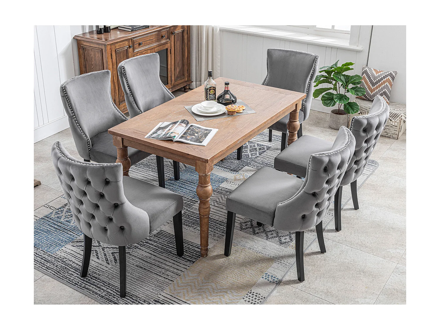 Eetkamerstoel fluweel, modern design, massief houten frame, grijs (44x41x86 cm)