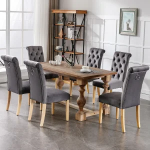 Eetkamerstoelen van fluweel, eikenhouten poten, chromen knopen en bel, 6 stuks, grijs (54x50x94 cm) Eetkamerstoelen van fluweel, eikenhouten poten, chromen knopen en bel, 6 stuks, grijs (54x50x94 cm)