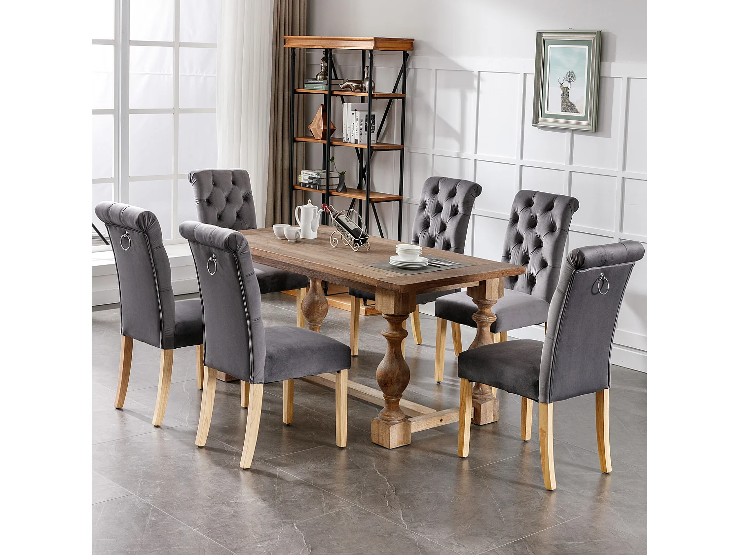Eetkamerstoelen van fluweel, eikenhouten poten, chromen knopen en bel, 6 stuks, grijs (54x50x94 cm)