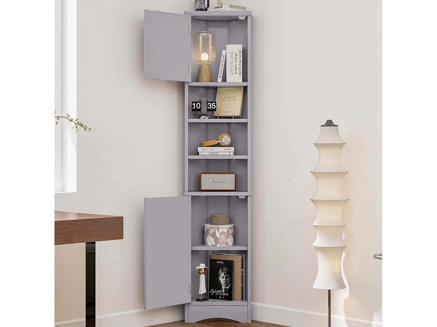 Driehoekige badkamerkast, vochtwerende verf, verstelbare planken, dubbele deuren, grijs, (36,5x24,5x170 cm)