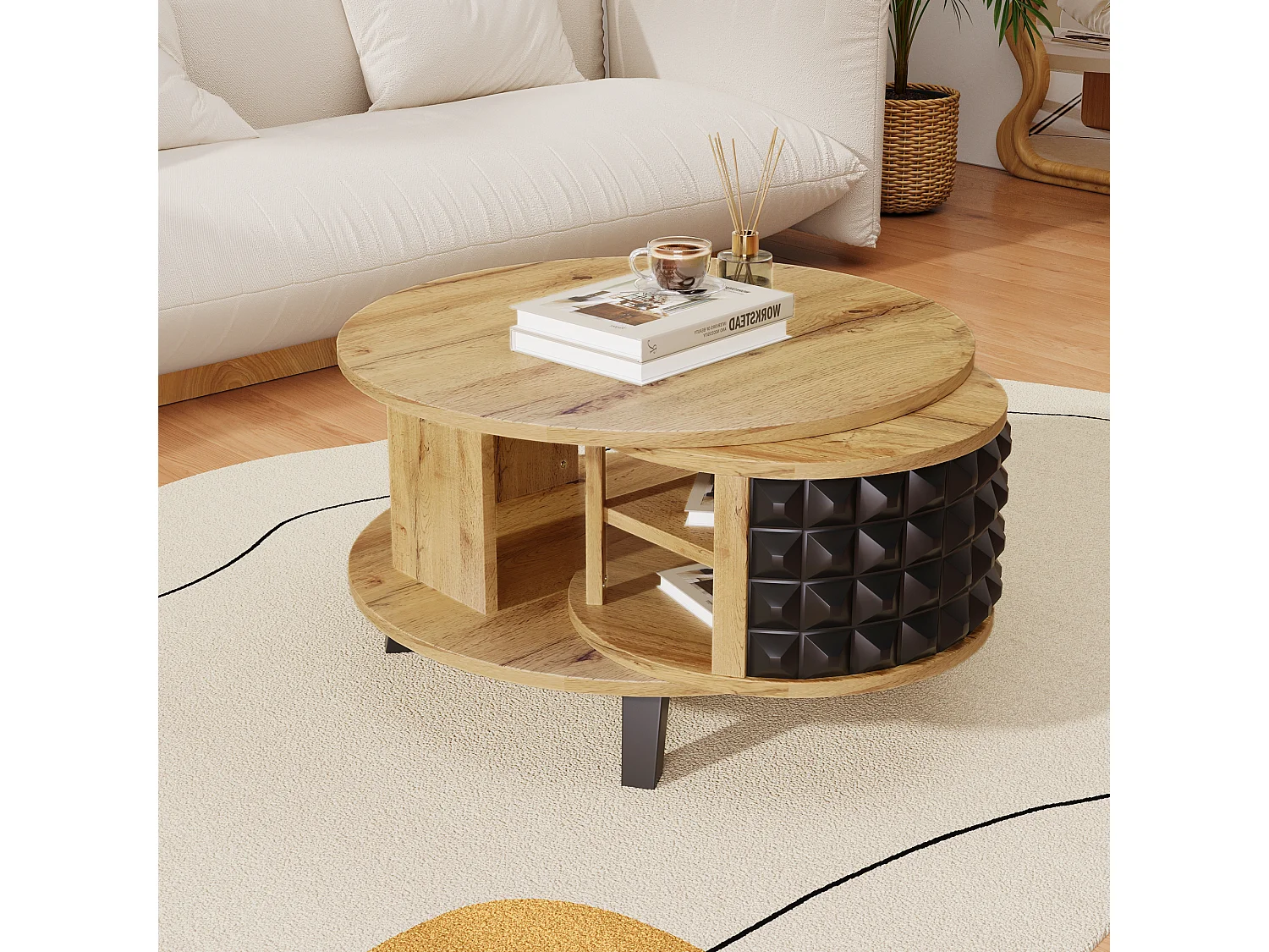 Draaibare salontafel met verborgen opbergruimte, spaanplaat, natuurlijke kleur (85,2x80x45,2 cm)