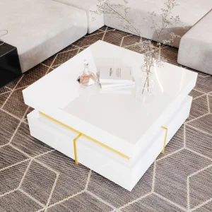 Gelakte salontafel, bijzettafel met lades en gouden accenten, MDF, wit, (70x70x35,5 cm) Gelakte salontafel, bijzettafel met lades en gouden accenten, MDF, wit, (70x70x35,5 cm)
