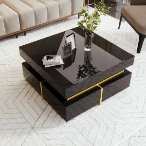 Gelakte salontafel, bijzettafel met lades en gouden accenten, MDF, zwart, (70x70x35,5 cm) Gelakte salontafel, bijzettafel met lades en gouden accenten, MDF, zwart, (70x70x35,5 cm)