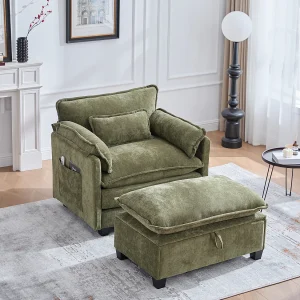 Fauteuil met voetenbank en opbergruimte, olijfgroen chenille, met zijvakken en kussens (103x85x91 cm) Fauteuil met voetenbank en opbergruimte, olijfgroen chenille, met zijvakken en kussens (103x85x91 cm)