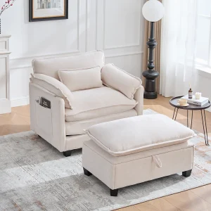 Fauteuil met voetenbank en opbergruimte, chenillestof, beige (103x85x91 cm) Fauteuil met voetenbank en opbergruimte, chenillestof, beige (103x85x91 cm)