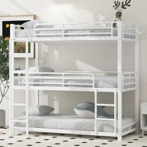 Drievoudig metalen stapelbed met ladder voor kinderen, tieners en volwassenen, metalen frame, wit (204x95x194 cm)